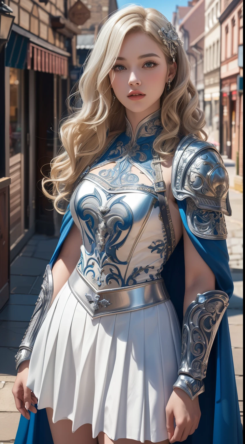 Very beautiful woman、Slender young woman、(Detailed face)、Realistic Skin、((Paladin)), ((Pearl White Armor))、((((Silver armor with extremely detailed and intricate decoration.:1.1))))、((Delicate photo)),(Girl Astepeace RAW Photo Details:1.25), (Highest quality:1.6), (Ultra-high resolution:1.5), (Realistic:1.75), 8k resolution, Canon EOS R5, 50mm, Absurd, Very detailed,Cinema Lighting,((Medieval streetscape))、((Medieval streetscape))、(((White skirt with embellishments)))、Thigh-high socks、Shingard、((blonde))、((Curly Hair))、((Drill Hair))、((Long hair with bangs and wavy hair,))、Get a six pack、Cape、Beautiful Armor、(In combat)、The wind is blowing、((Symmetrical armor))、banner、Shining Armor、(((Medieval streetscape)))、((Browsing Caution:1.1))、Medieval fantasy cityscape background