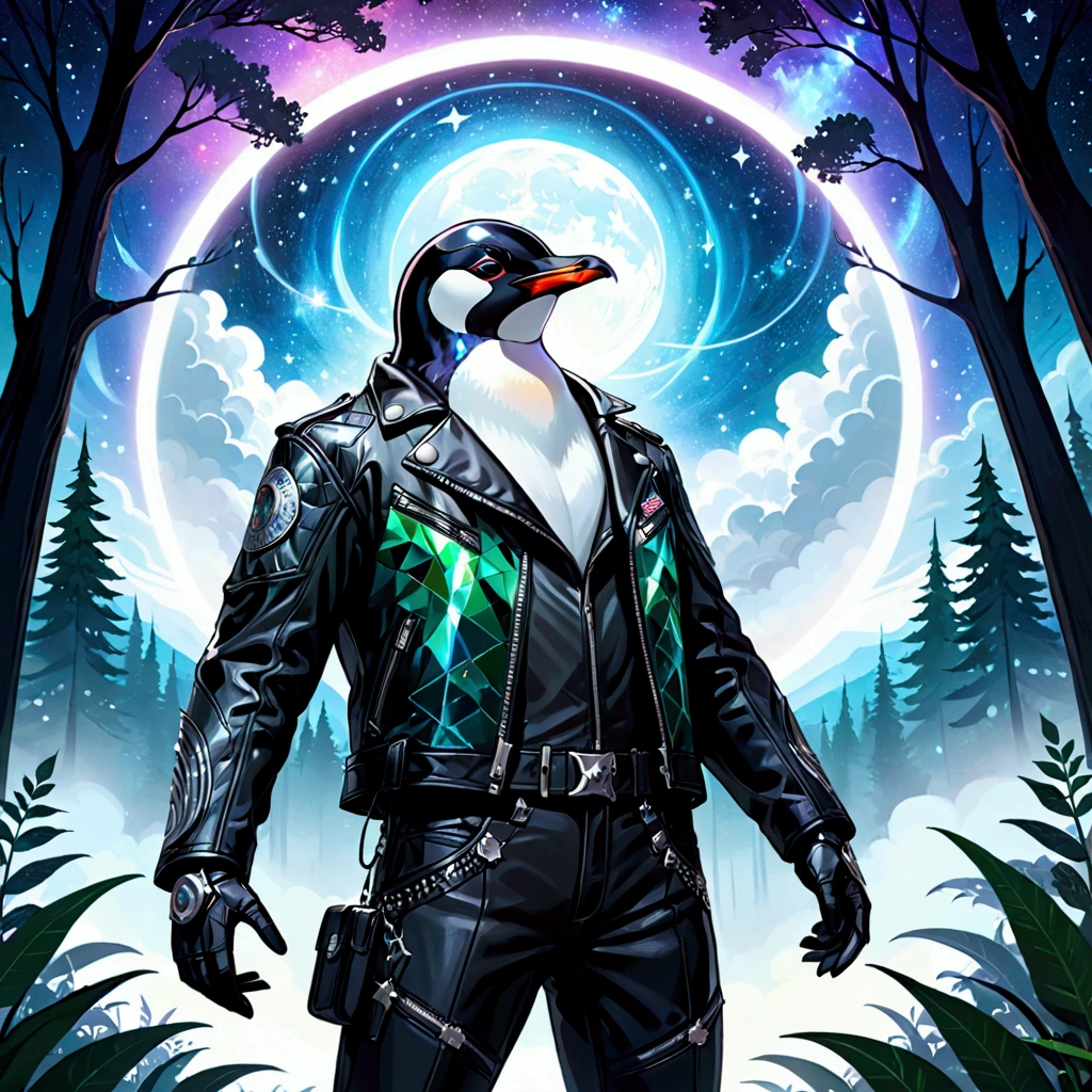 Closeup, Enveloped in verdant woodland, an extremely badass anthropomorphic penguin wearing an insanely cool black leather Harley Davidson biker jacket open, black leather biker gloves, black leather biker pants bathes tranquilly beneath a celestial tapestry of shimmering stars and mystic nebulae, vector illustration, Elements of nature infused with outer space, subject placed centrally with cosmic night sky enveloping, moonlight filtering through the treetops, stars scattered lavishly, nebula casting ethereal glow, iridescent forest greenery, sharp contrast