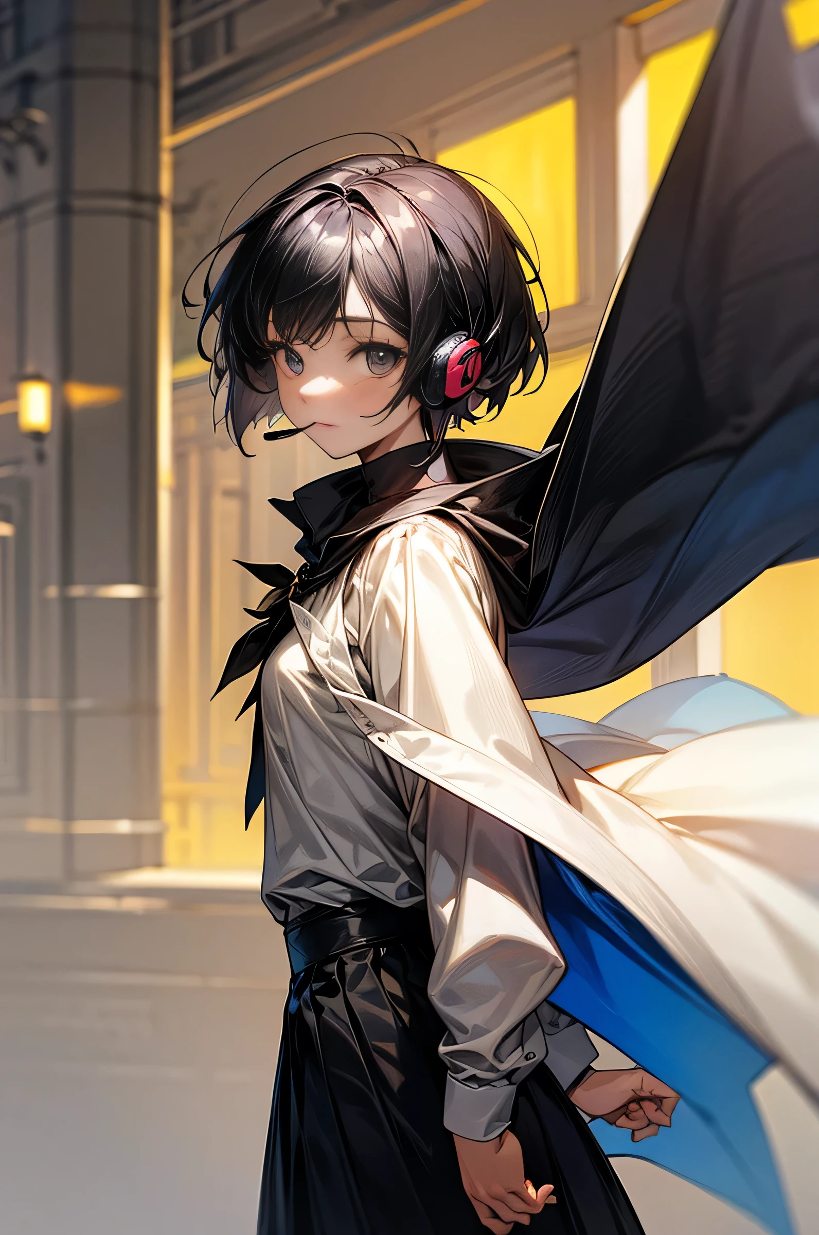 A young girl with short hair, wearing shirt and cape, among the city, black hair wearing headset on the shoulder, wearing skirt