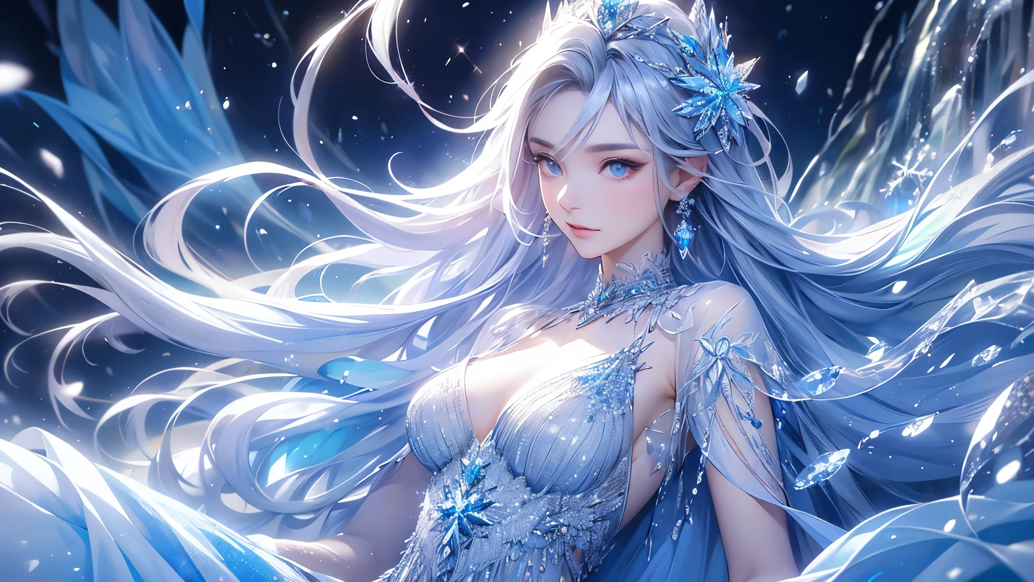 (2/3 Photos:1.5)wood, intricate mini ice spikes and crystals, A frozen waterfall in the background, Light reflected by ice crystals, Flowing snowflakes.1girl, pretty girl,A realistic person,Beautiful cleavage,((Small breasts)), Long dress、clear