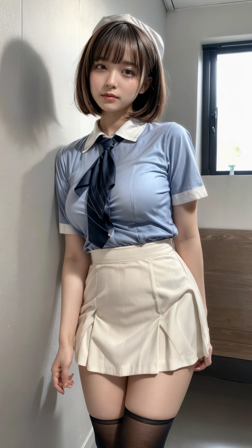 masterpiece, best quality, illustration, Super detailed, fine details, High resolution, 8K,wall paper, perfect dynamic composition,(Details High quality, realistic depiction of eyes:1.3), Hospital Rooms、White nurse cap、White tights、White nurse uniform、standing、Hand skirt、Flipping up a white skirt, large breasts,short bob hair, black hair color, Big Natural Color Lip, bold sexy pose, crying a little、20 year old girl、cute type、beautiful legs, hposing Gravure Idol