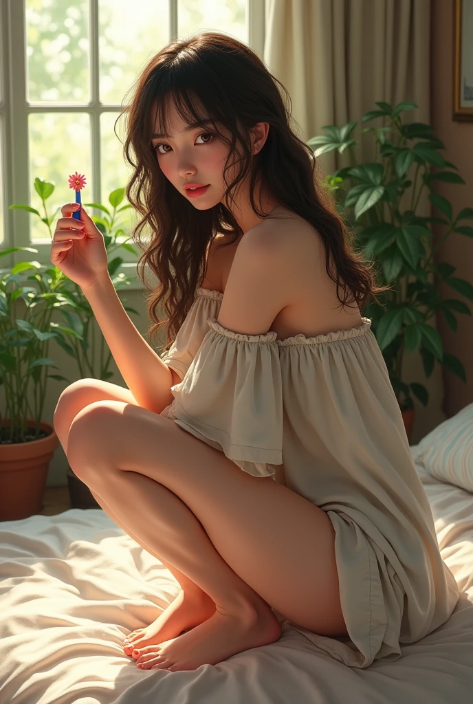 (photorealism:1.2), beautiful Japanese woman, leaning squatting on bed, and holding strange wet dildo, wearing loose off-shoulder top, long curly hair, indoors, soft lighting, plants in background, window with sunlight, cozy room, relaxed pose, realistic, intricate details, warm colors, by Greg Rutkowski, by Alphonse Mucha