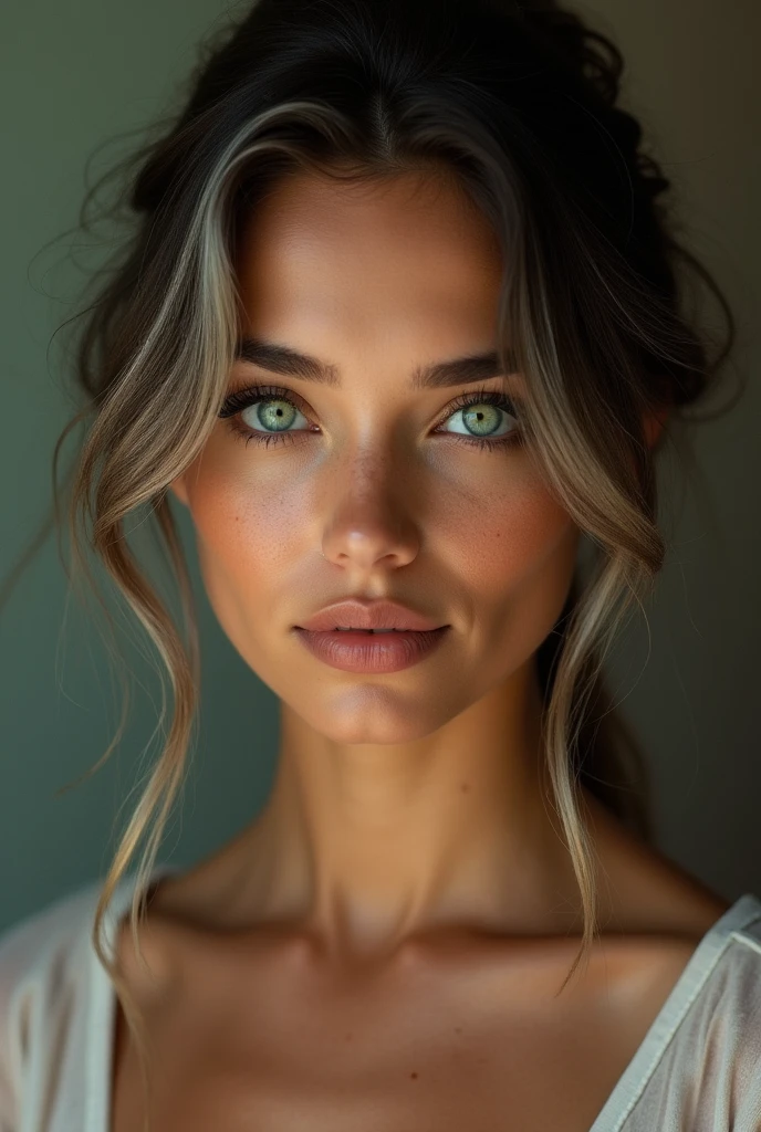Woman with exotic features, wearing minimal makeup, green almond-shaped eyes, hair with some gray, tanned skin, medium-sized lips, younger, darker hair color