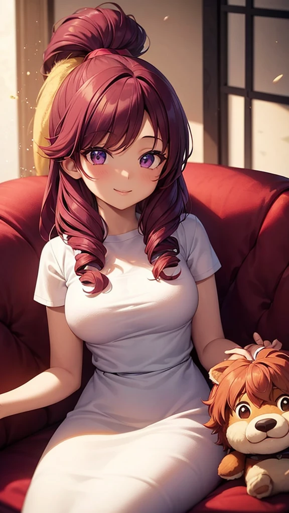 a red-haired woman sitting on a couch holding a stuffed animal, violet myers, young light-skinned African woman, young taliyah, Dora the explorer, She is smiling and excited, , with afro, smiling happily at the camera, big smile on your face, rosy cheeks, She is smiling, african american girl, She is smiling and happy