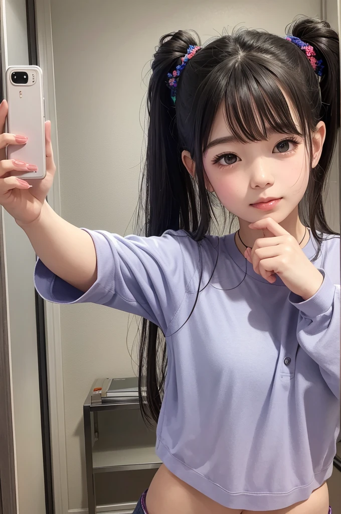 (Masterpiece, BestQuality:1.2), (hyperrealistic:1.1), (8k,Photorealistic), (superrealistic:1.4),-girl taking a selfie,japanese,tween,twintail,((She lifts up her pajamas and shows her nipples)),she is holding a smartphone in one hand and taking a selfie, She is smiling brightly and posing happily,The background is the girl's room.