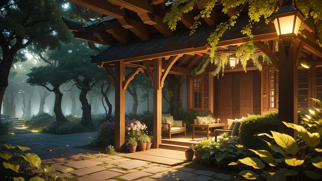 Enchanting Evening Retreat. Envision a cozy courtyard by a beautiful, fairy-tale house, The house glows with a cozy light, nestled in a garden teeming with diverse flowers and bushes. The garden is alive with colors and textures, from delicate blossoms to thick, leafy foliage. The setting sun bathes the scene in a warm, ethereal glow, with a tea table perfectly placed to enjoy the peaceful ambiance. A cozy tea setup with delicate porcelain cups and a teapot is placed on a stone table surrounded by flowering plants. masterpiece, Best Quality, (highly detailed CG Unity 8k wallpaper), (Best Quality), (Best Illustration), (BEST SHADOWS), Natural elements in the forest theme. mysterious forest, Beautiful forest, nature, surrounded by flowers, delicate leaves and branches surrounded by Fireflies (Natural elements), (Jungle theme), (leaves), (branches), (Fireflies), (particle effects), etc. 3D , Octane Rendering, Ray Tracing, super detailed