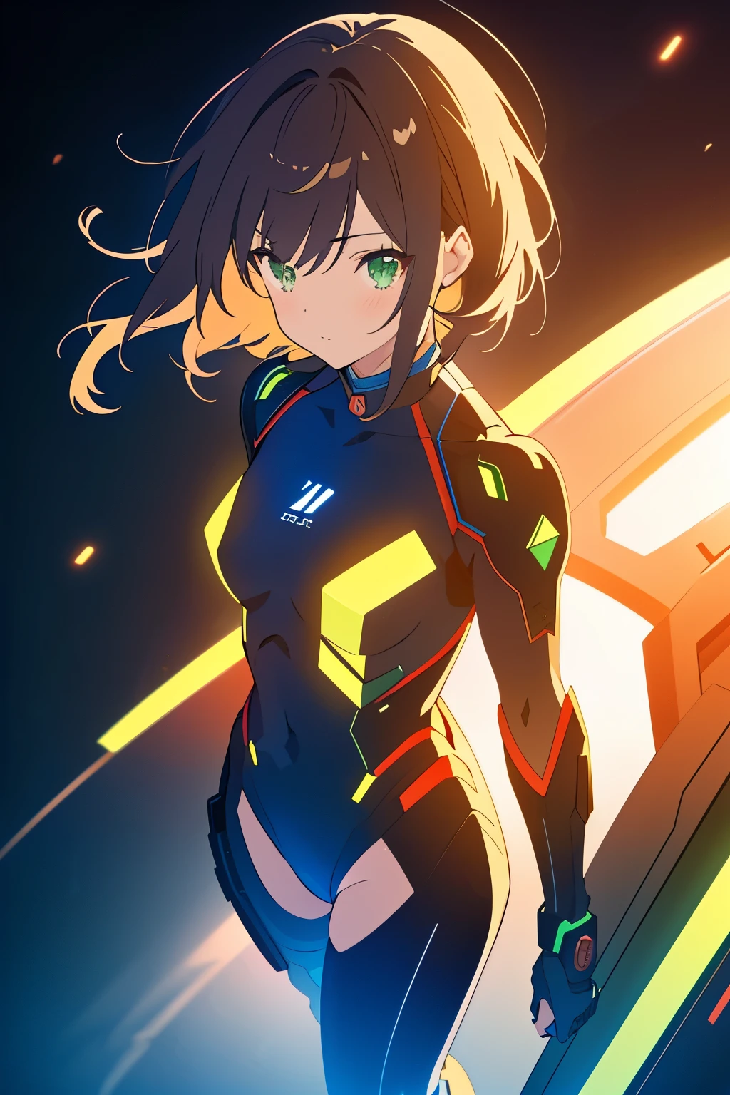 ((masterpiece, Highest quality, High resolution, 超High resolution, Pixel perfect, Written boundary depth, 4K, RTTX 10.0, High resolution))), 1 person, single, alone, Beautiful Anime, Beautiful art style, Anime characters, ((Shortcuts, bangs, Dark brown hair)), ((Green Eyes:1.4, Round eyes, Beautiful eyelashes, current eyes)), ((Smooth texture:0.75, Anime CG style)), ((Dynamic Angle, close)), Perfect body, (cute), Normal chest, whole body, ((4K, 8k, Highest quality, Perfect Fingers: 1.3, Perfect Anatomy: 1.3, Background Blur)), whole bodyアングル, Illustration of a girl in a mech suit, The characters are dressed in highly functional and stylish mecha suits.、The suit is designed to fit the body、Features various parts that support movement and glowing energy lines, The suit's color has a metallic texture., The background is a futuristic city and a battlefield.、Overall powerful、A scene full of sci-fi vibes
