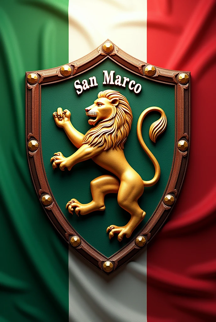 Create a football club shield from the Italian flag with the letters San Marco and a lion in the middle of the shield 