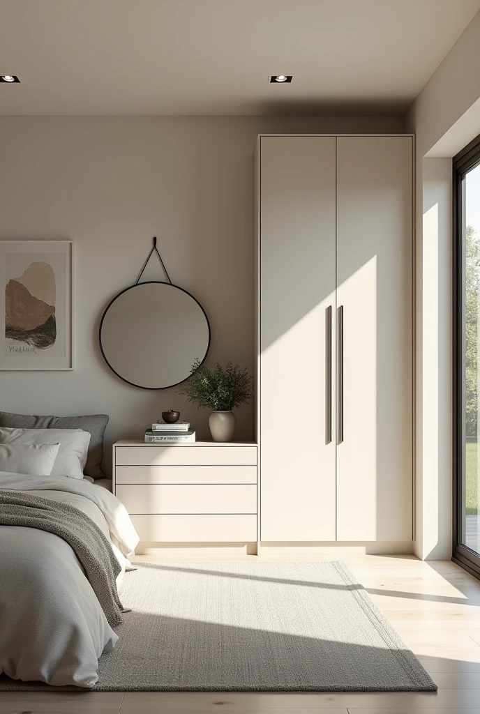 Interior desing , Room , light colors , single bed , custom closet , curved mirror , ultra realisitic , 4K , High-resolution rendering