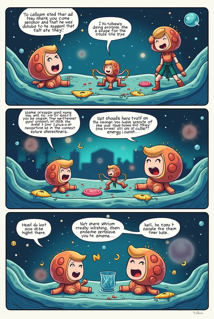 Comic about cellular respiration with 4 images and short dialogues