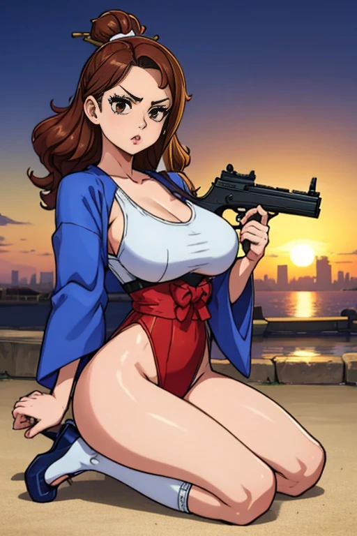 Highest quality、Ultra HD、One Woman、(Brown hair, straight and long 1.3)、(Red One Piece 1.3)、(White Heels 1.1)、(Knee-high socks 1.2)、((Shoot a gun 1.2))、(red ribbon 1.2)、(Beautiful face like a Japanese actress 1.2)、Adult women、Slender body、((Large Breasts))、(Sunset city background 1.2)、((Clear and beautiful touch))