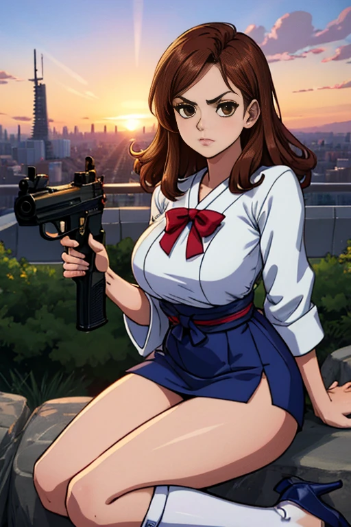 Highest quality、Ultra HD、One Woman、(Brown hair, straight and long 1.3)、(Red One Piece 1.3)、(White Heels 1.1)、(Knee-high socks 1.2)、((Shoot a gun 1.2))、(red ribbon 1.2)、(Beautiful face like a Japanese actress 1.2)、Adult women、Slender body、((Large Breasts))、(Sunset city background 1.2)、((Clear and beautiful touch))