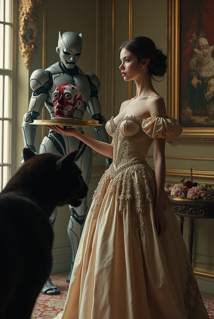 Beautiful woman in baroque dress, in a baroque room, A humanoid robot hands him a tray with a bloody clown&#39;s head. A black panther near the woman 