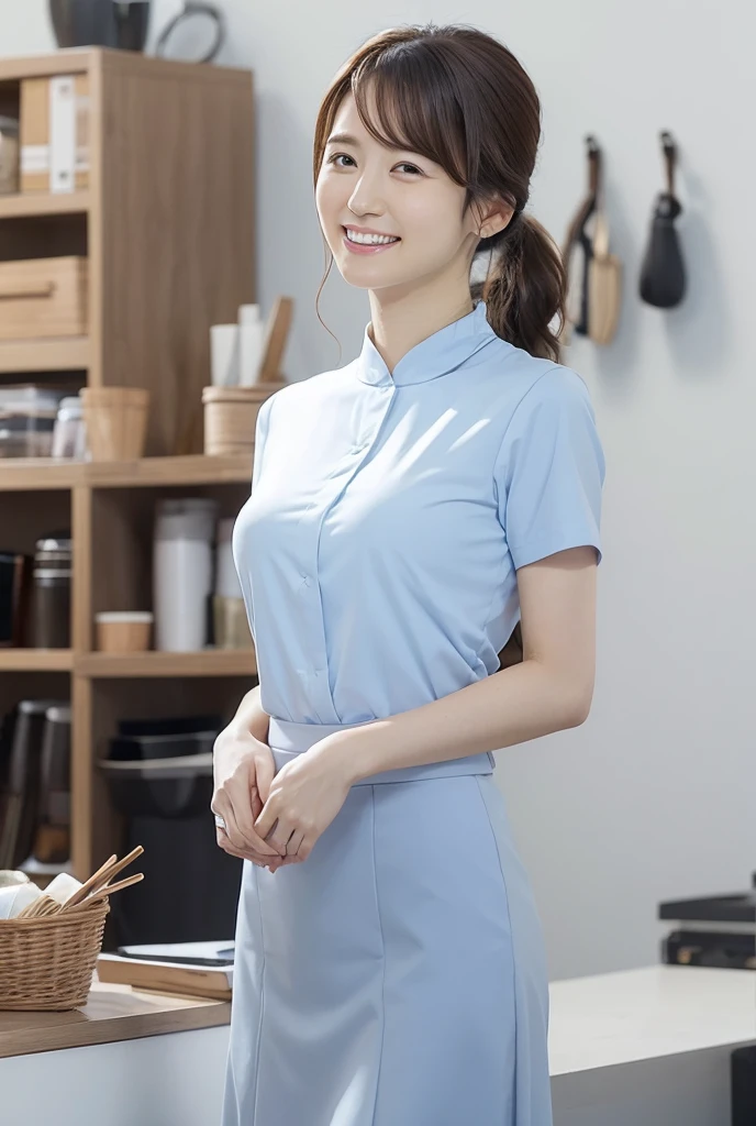 High resolution, masterpiece, Anatomically correct,  A woman in her early 30s with a refreshing smile、Standing facing forward and looking at the camera with her head slightly down。She is dressed as an office lady, wearing a white shirt and a tight grey skirt.。Place your hands gently in front of your abdomen、The posture is straight and gives a calm impression.。The background is light blue、It creates a simple and clean atmosphere.､Highest quality, High detail, 