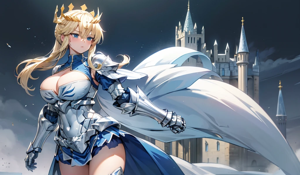 Blonde busty beauty,cleavage,white knight armor,crown,blue sleeveless top,Silver gauntlets,Bare waist,Blue skirt,thigh,Standing,castle,dumpling head,