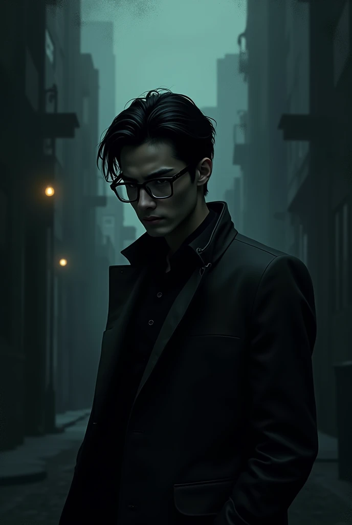 a cover suitable for a mystery story where dark colors predominate, with a man with black hair and glasses
