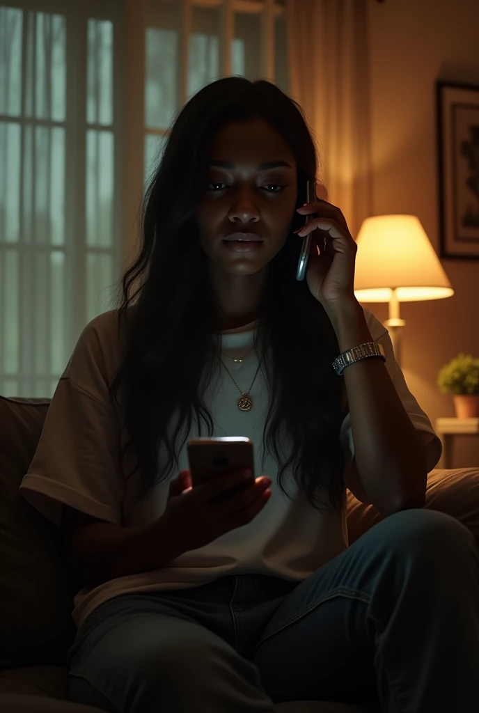 In night 20 year old black girl, (long hair), received a call on the living room, smartphone. She wears casual clothes. Mistery style, cinematic lightning, day, warm colors
