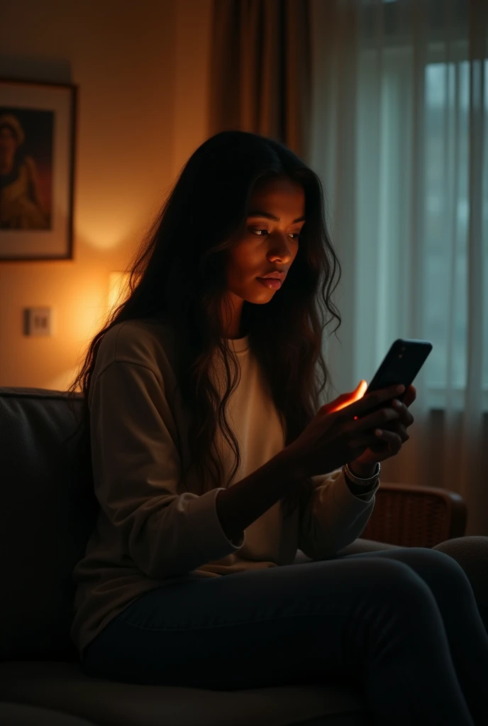 In night 20 year old black girl, (long hair), received a call on the living room, smartphone. She wears casual clothes. Mistery style, cinematic lightning, day, warm colors

