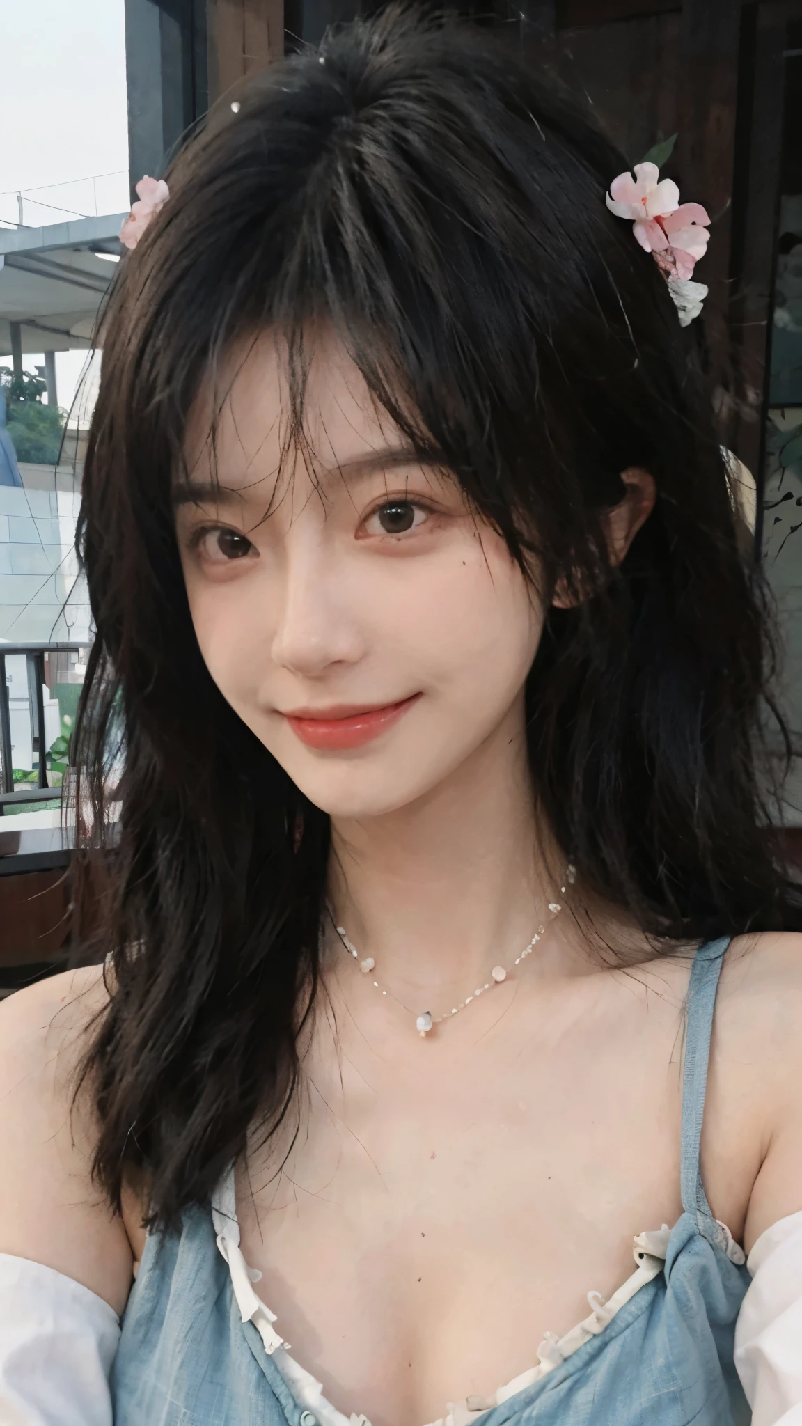 best qualtiy, Ultra-high resolution, (realisticlying:1.4),cute hairpin,Baoyu Girl,European style apartment,(flatchest:1.2) ,A pair of clear and moving peach blossom eyes,Royal Sister,sunshine on face,Big waves,(ln the forest:1.4),(choker necklace:1.2),(Fair skin:1.4),a sense of atmosphere,a beauty girl, ssmile,head straight-looking at viewer, closeup cleavage ,(Photorealistic:1.4),1girll,sexly,(Upper body:1.4),(Wet body),(:1.2)