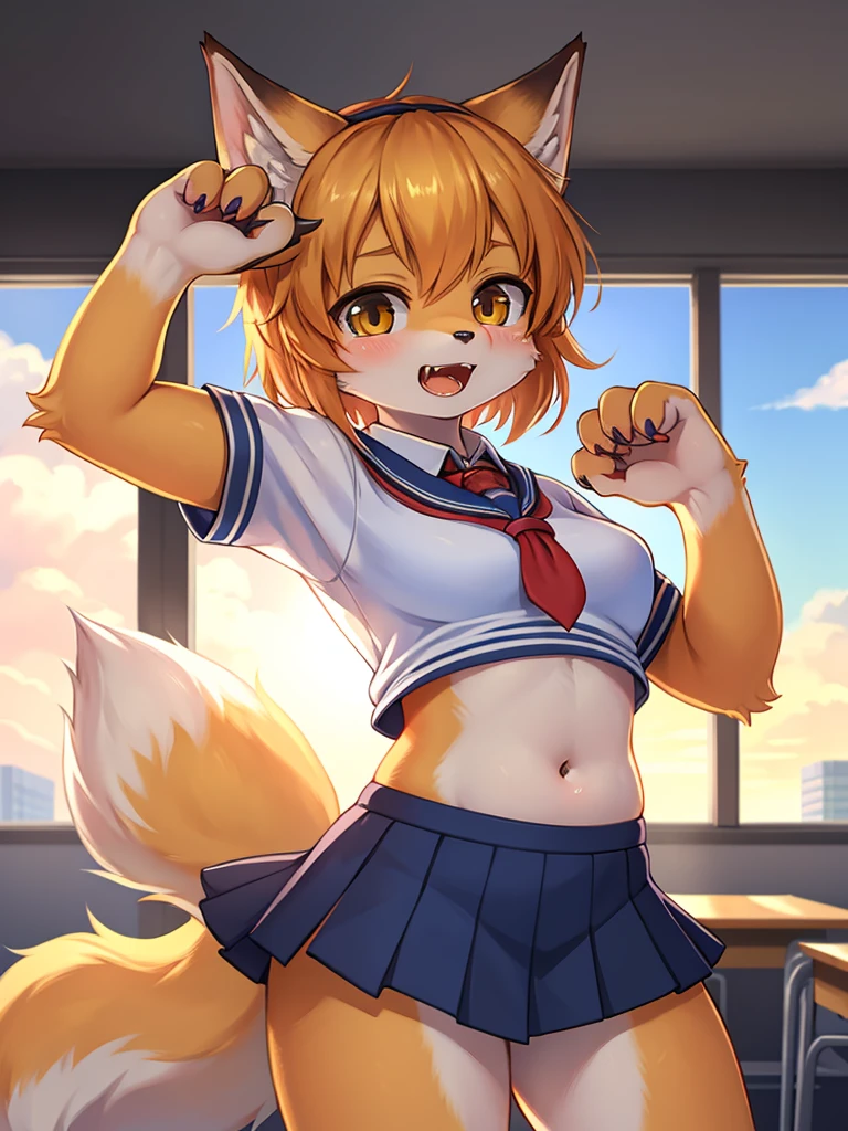 Renoir style , Childish fox girl, school uniform, roar , claw pose , navel