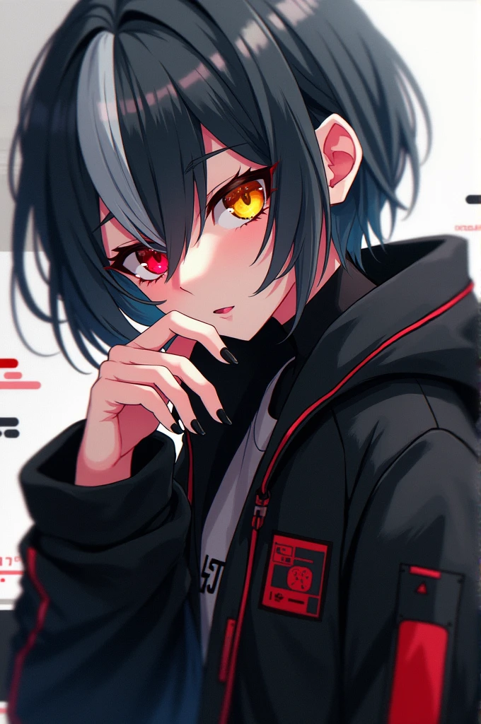 Kizi, adolescent, short dark gray hair with a light gray streak, red right eye and yellow left eye, black nails, black jacket with red details, cyber punk style, アニメ,
