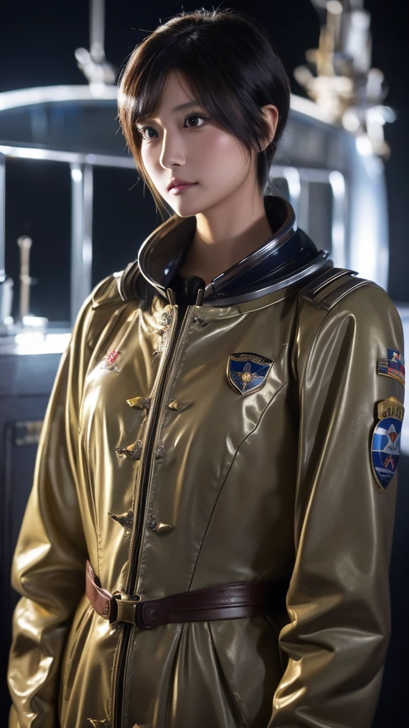 A scene from a movie,masterpiece: Space Battleship Yamato 2202: High-definition images of Yuki Mori, Exquisite details、Ultra-realistic:2.0、 Sparkling metallic body、Complex Panel、Curved and sleek design、 Floating in the air、Nebulae and stars that accentuate its silhouette々、(Yellow body armor)A high-resolution image of Yuki Mori, a crew member giving instructions from inside the ship, dressed in a、 Gorgeous coat of arms jacket、Slight redness on the cheeks