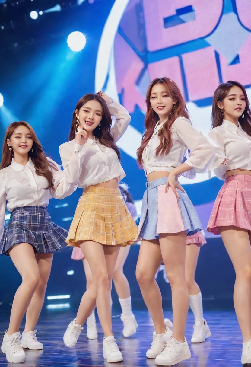 (Highest quality、4K、8k、High resolution、masterpiece:1.2)、Very detailed、(Genuine、Realistic、Realistic:1.3、Korean k-pop idol girls group dancing on stage