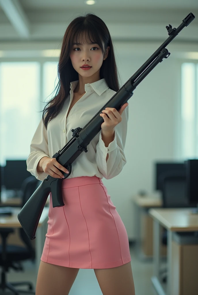 beautiful sweet office lady chinese white shirt pink mini skirt standing legs spread hip shoulder firing rifle gun toting force grip aiming side target full portrait
