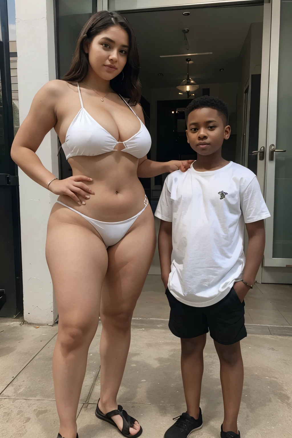 1 boy 1 woman , short boy standing with a fairskinned thicc slim 30 year old woman