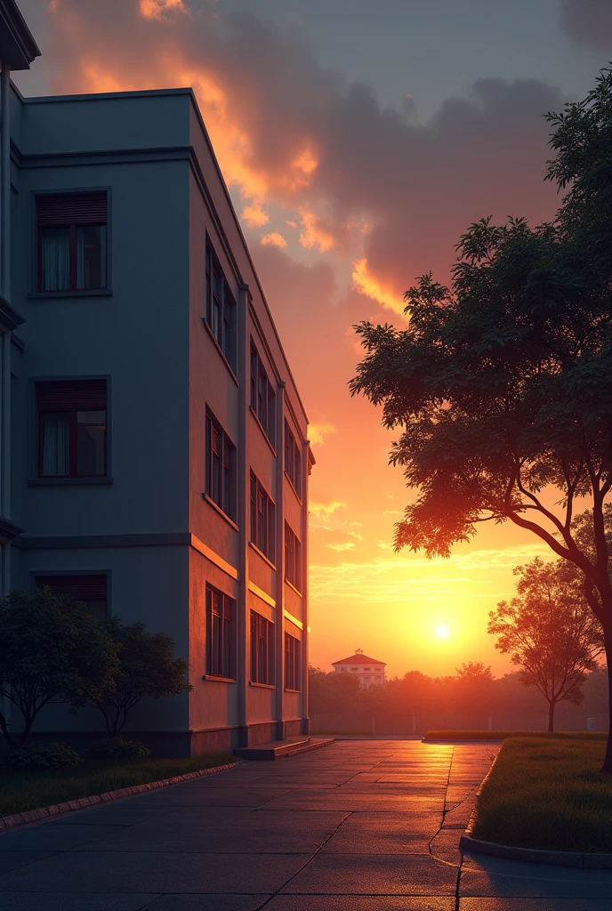 A picture of half of a school building with a sunset in the background. The sun casts warm shades of orange and yellow, coming from beneath clouds that seem to play with shadows in the sky. Next to the building is a large tree with broad leaves, adding contrast to the warm colors of the sunset and bringing natural beauty to the scene. Make it more dark and not that kind of tree, make it a little vit smaller.