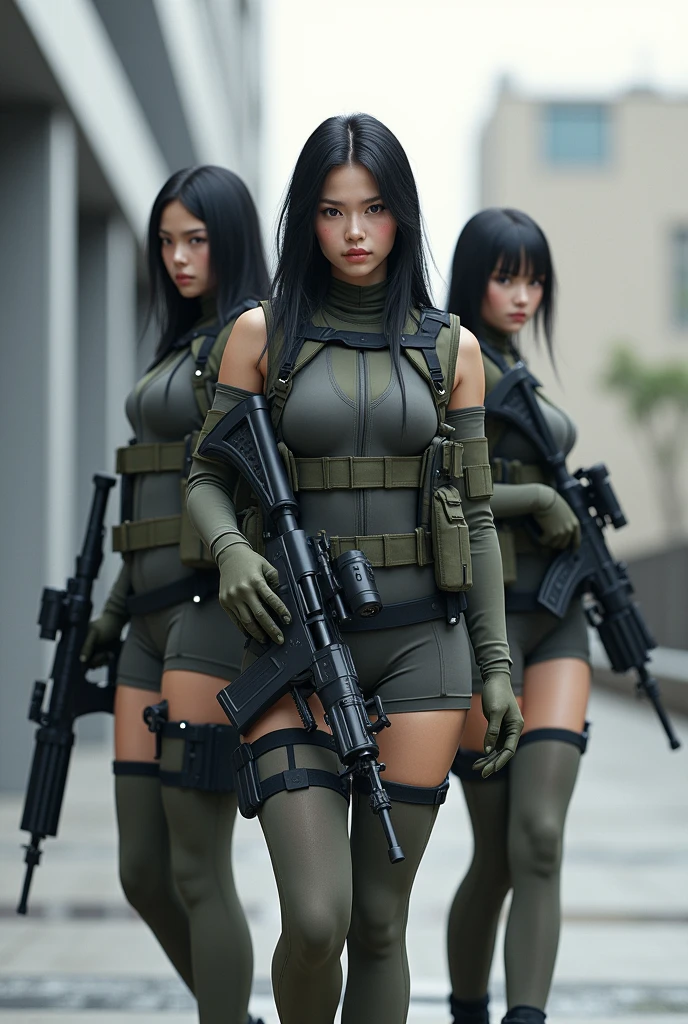 Japanese. Three lightly armed beautiful girl soldiers wearing compression shorts.