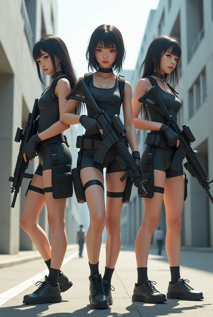 Japanese. Three lightly armed beautiful girl soldiers wearing compression shorts.