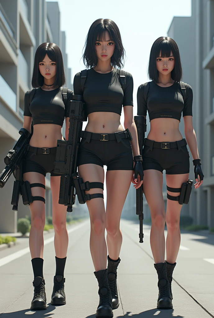 Japanese. Three lightly armed beautiful girl soldiers wearing compression shorts.