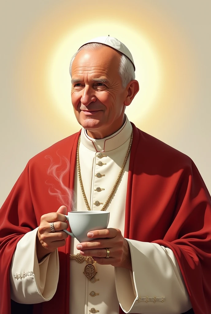 A beautifully drawn (((Saint John Paul the Second))), the iconic head of the Roman Catholic Church in the 21st century, first and foremost a spiritual leader, exuding a serene, holy demeanor, holding a ((cup of steaming coffee)) with a soft, welcoming expression on his face and a radiant glow around him. His attire is elegant and befitting his sacred office, as he embodies the essence of spirituality and faith