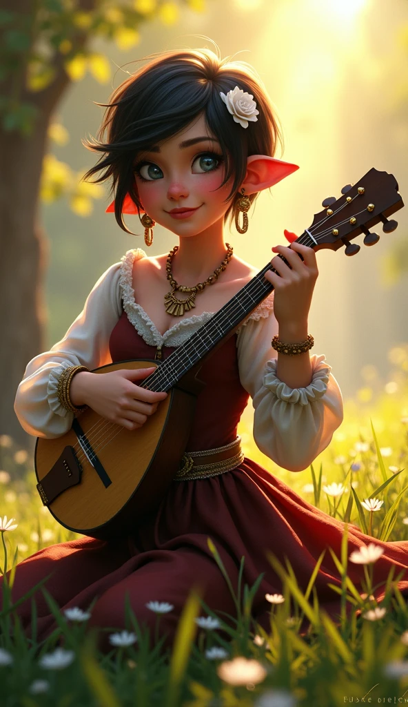 Halfling female from baldur's gate, best quality, ultra-detailed CG unity 8k wallpaper, playing a lute, high resolution, dynamic pose, beautiful face, (medieval bardic attire,white flower, hair ornament, blue eyes), depth of field, sunny plains, magic light), flirtatious smile, (high fantasy) (Maroon and black Hair, pixie cut hair)
