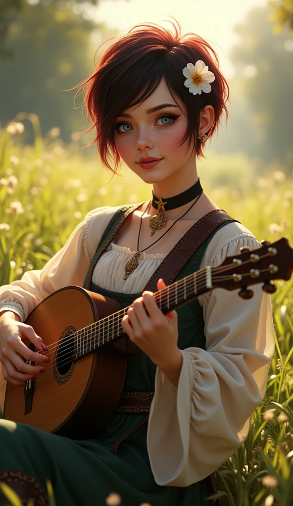 Dwarf female from baldur's gate, best quality, ultra-detailed CG unity 8k wallpaper, playing a lute, high resolution, dynamic pose, beautiful face, (medieval bardic attire,white flower, hair ornament, blue eyes), depth of field, sunny plains, magic light), flirtatious smile, (high fantasy) (Maroon and black Hair, pixie cut hair)