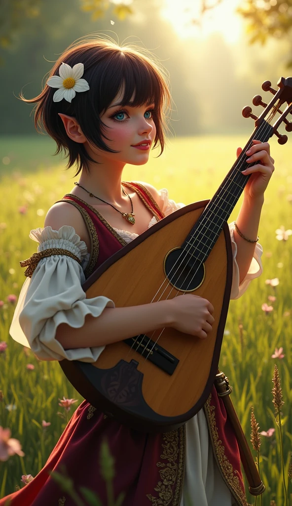 Dwarf female from baldur's gate, best quality, ultra-detailed CG unity 8k wallpaper, playing a lute, high resolution, dynamic pose, beautiful face, (medieval bardic attire,white flower, hair ornament, blue eyes), depth of field, sunny plains, magic light), flirtatious smile, (high fantasy) (Maroon and black Hair, pixie cut hair)