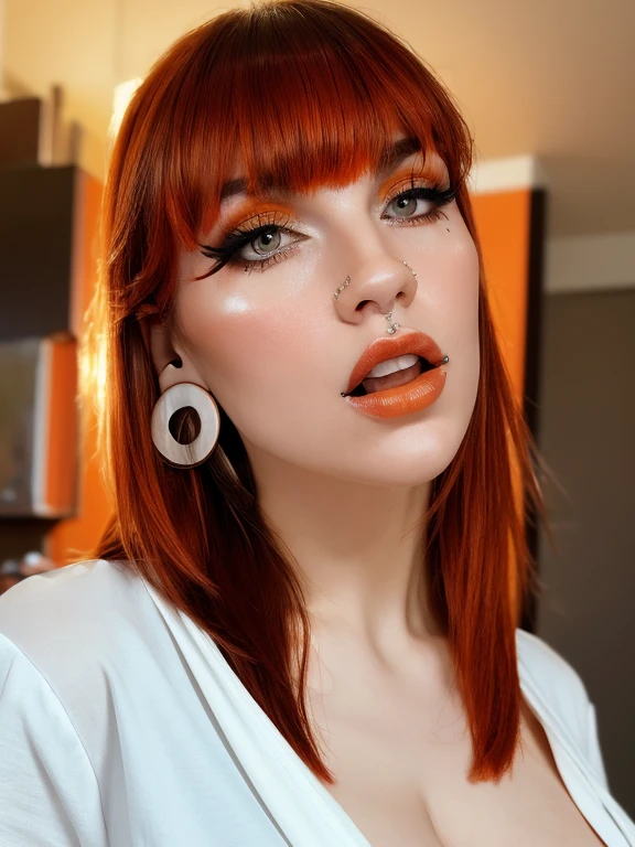 (masterpiece, best quality, photorealistic realistic,) 1 women, blunt bangs, shirt, white shirt, orange hair, shiny brown eyes, thin eyebrows, eyelashes, licking lips, lipstick, long hair, looking at viewer, makeup, nose, open mouth, orange background, red lips, single, tongue out, upper body, arm tattoo, blurred background, close up, chest tattoo, depth of field, makeup, motion blur, shoulder tattoo, tattoo, ear piercing, earrings
