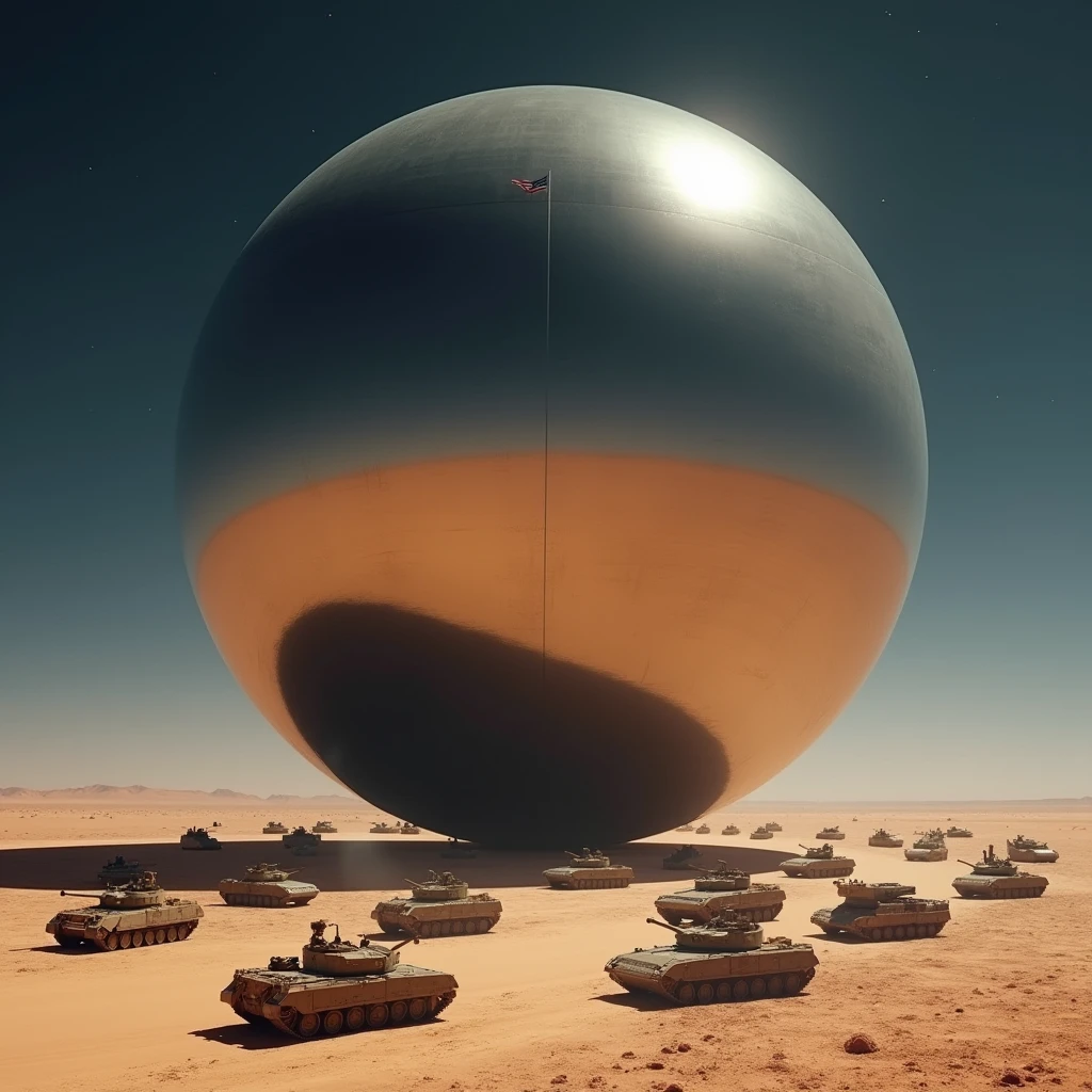 A massive smooth mirrored sphere, surrounded by military vehicles, hovers above the desert floor at night, photo realistic