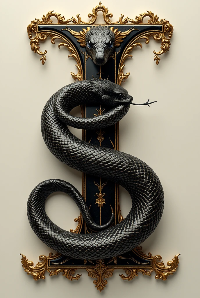 Create the letter I with a black and gold snake next to it