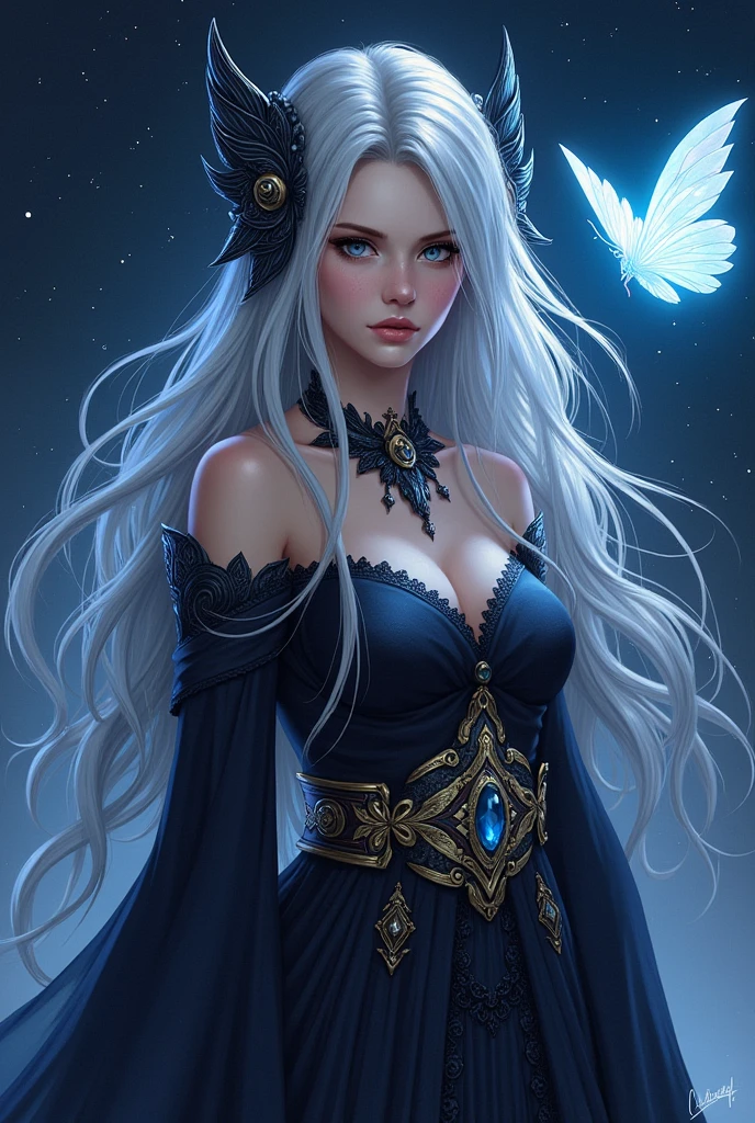 Highly detailed and stylized fantasy illustration featuring a young woman with long, flowing silver hair adorned with a dark, ornate headpiece. She has fair skin, large blue eyes, and a serious expression. She is dressed in an elaborate, dark-colored gown with intricate patterns and accessories, including a large, decorative belt and a gemstone necklace. The background is a starry night sky with a glowing, ethereal butterfly-li
