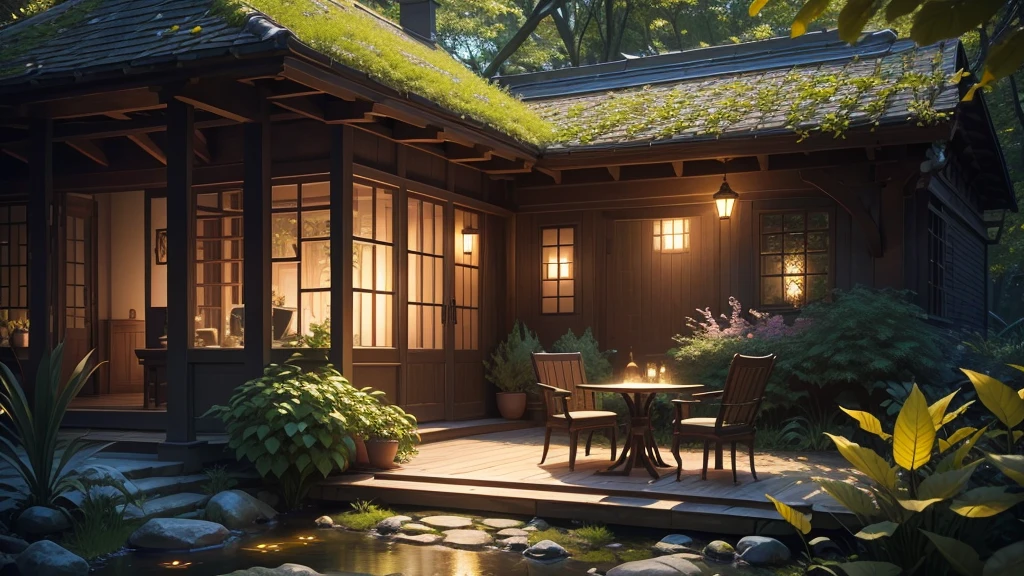 Enchanting Evening Retreat. Envision a cozy courtyard by a beautiful, fairy-tale house, The house glows with a cozy light, nestled in a garden teeming with diverse flowers and bushes. The garden is alive with colors and textures, from delicate blossoms to thick, leafy foliage. The setting sun bathes the scene in a warm, ethereal glow, with a tea table perfectly placed to enjoy the peaceful ambiance. A cozy tea setup with delicate porcelain cups and a teapot is placed on a stone table surrounded by flowering plants. masterpiece, Best Quality, (highly detailed CG Unity 8k wallpaper), (Best Quality), (Best Illustration), (BEST SHADOWS), Natural elements in the forest theme. mysterious forest, Beautiful forest, nature, surrounded by flowers, delicate leaves and branches surrounded by Fireflies (Natural elements), (Jungle theme), (leaves), (branches), (Fireflies), (particle effects), etc. 3D , Octane Rendering, Ray Tracing, super detailed