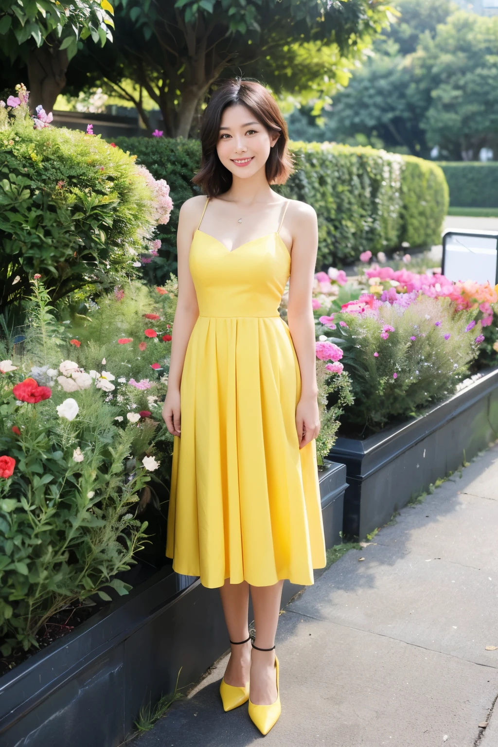 最high quality, In 8K, Masseter region, Vibrant, Sharp focus, high quality, High resolution, Detailed face, fine grain, Thick lips, (Looking at the audience), alone, Beautiful woman, 3, Japanese women, (Short black hair:1.4)、(Bob Hair:1.4), Cleavage, Lunch break、Garden of Eden、Secret Garden、botanical garden、((Flower Garden:1.2))、(Standing surrounded by lots of flowers:1.3)、(Full body photo:1)、(Yellow formal dress:1.5)、(Knee length dresses:1.5)、(Black pumps:1.5)、(Red lipstick:1)、(smile:1.5)、(Standard body type)、(D cup breasts)