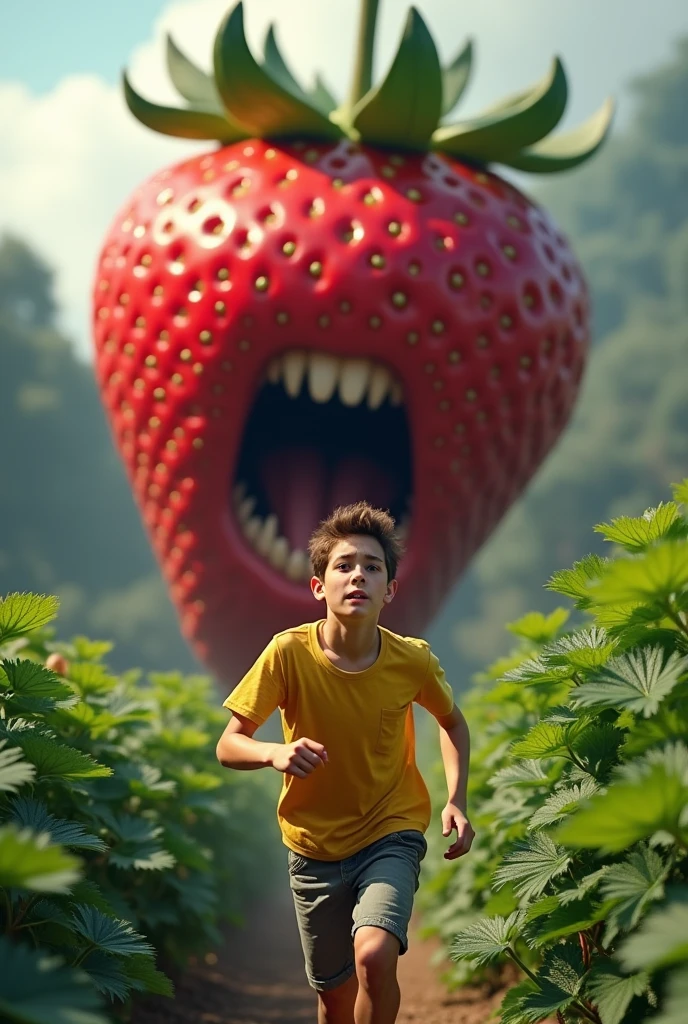 A big evil strawberry attack and cut on hand on a young man clean shave with brown eyes in yellow tshirt in strawberry garden the boy is very scared the boy run away si image