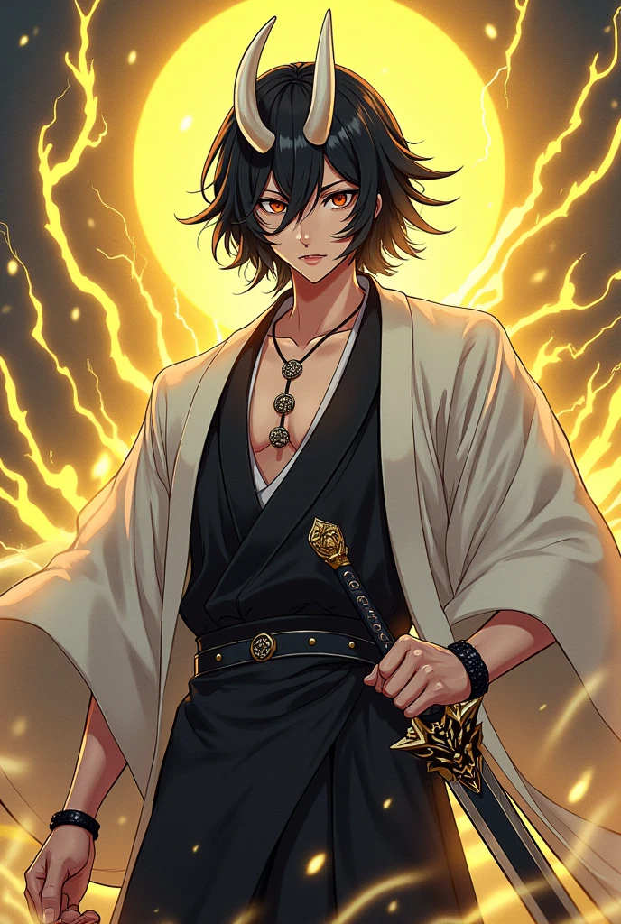 Do the Ootakemaru, mrpg game character Onmyoji description: powerful and intimidating, has medium-sized black hair, three magatama symbols on the chest, two white horns on the forehead, Caucasian skin, a white haori, black bracelets, surrounded by yellow electricity, and a magatama sword.