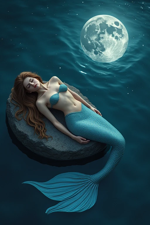 Sleeping mermaid on a rock,20-2,lying rock,mermaid leg colored blue,brown hair,night moon ,shooting stars,healing,relax,((best quality)), ((masterpiece)), (detailed), girl mermaid view from above:1.6),Sleeping, lying,closed eyes,lying20-2s girl,long eyelashes ,dark night sky, landscape, night view,high quality image, whole body,(huge stunning goddess shot, very hot and sexy, jaw-dropping beauty, perfect proportions, beautiful body, slim body beauty:1.4),full body,at dark night,2pm sky,night sky,protect brests