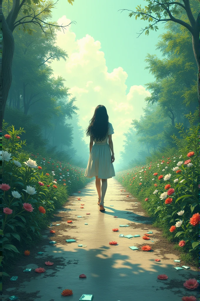 Draw a girl walking on a unending road with plants and flowers on the right side and broken pieces of glass scattered on the left side