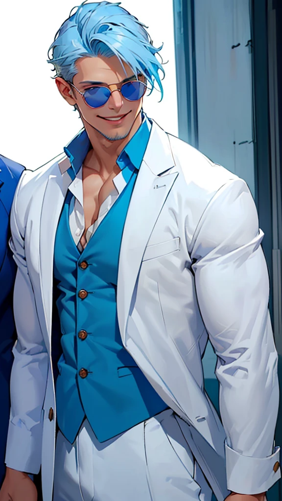 (((Blue suit、Wearing a white open shirt、Smooth blue hair that reaches down to her back、Eyes showing through sunglasses、Handsome man smiling and looking at camera、Hair up to the neck))),