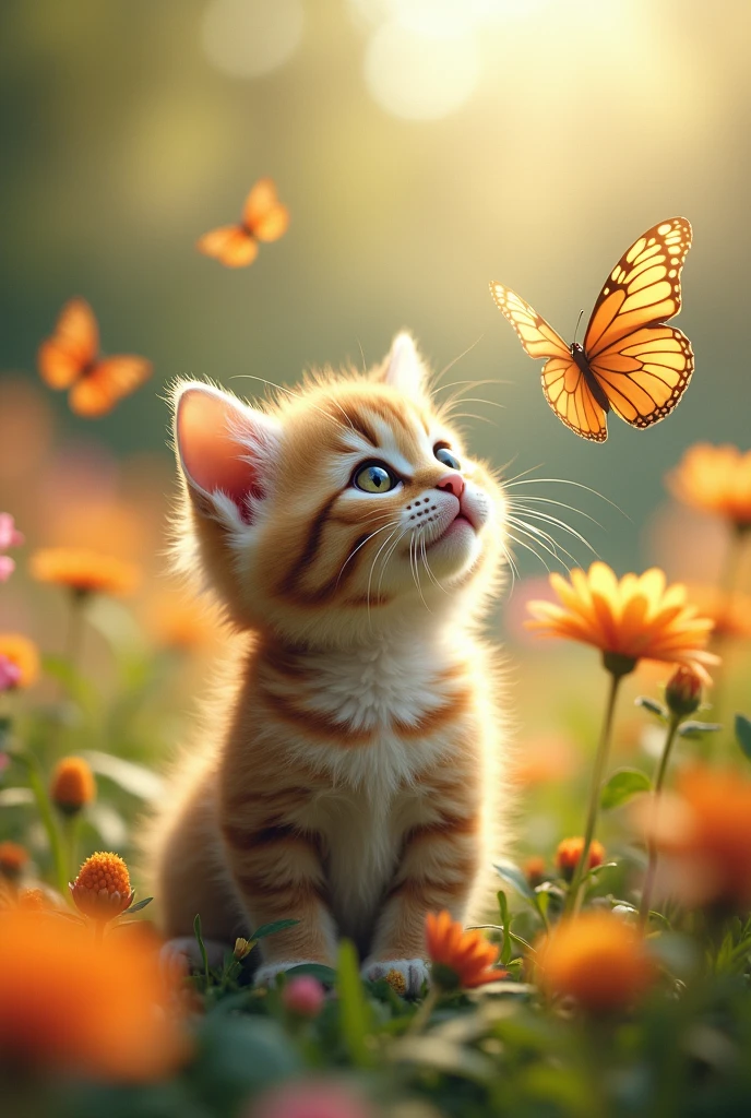 (best quality,Extremely detailed,Practical),A kitten is watching butterflies,Beautiful and delicate eyes,Curious expression,Its fur is soft,Little Paws,Fluffy tail,cute beard,Sun-drenched garden background,Lush green grass,Bright flowers,Delicate butterfly wings,Float gracefully,Colorful petals,breeze,Playful Action,Bright colors,Artistic Rendering,Subtly lit