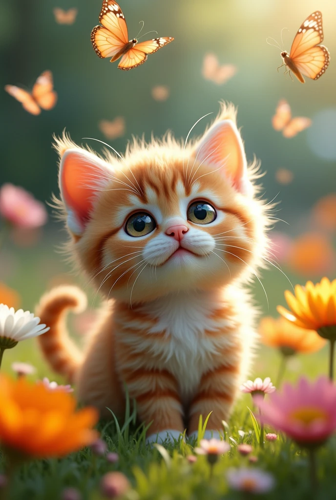 (best quality,Extremely detailed,Practical),A kitten is watching butterflies,Beautiful and delicate eyes,Curious expression,Its fur is soft,Little Paws,Fluffy tail,cute beard,Sun-drenched garden background,Lush green grass,Bright flowers,Delicate butterfly wings,Float gracefully,Colorful petals,breeze,Playful Action,Bright colors,Artistic Rendering,Subtly lit